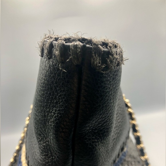 Tory Burch Marion Raffia Straw Tote Blue Black Stripes Leather Trimmed + Wallet - Picture 11 of 16